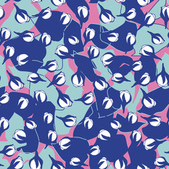 Colorful floral seamless pattern in vintage style. Flowers buds and leaves in bright and pastel retro inspired colors. Design for fabrics, wallpaper, wrapping paper.