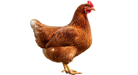 Elegant brown chicken stands in profile against a stark black background, detail rich image.