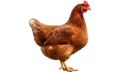 Elegant brown chicken stands in profile against a stark black background, detail rich image.