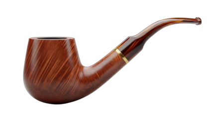Elegant brown smoking pipe with a curved stem is displayed against a stark black background.