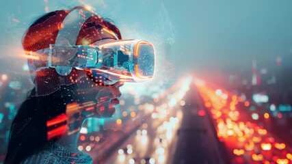 Woman in futuristic virtual reality headset, immersed in a digital world with glowing city lights and abstract data overlay 4k video - Powered by Adobe