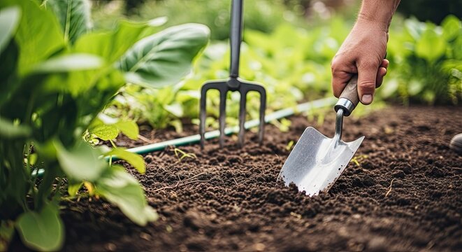 Close-up of a gardener's hand using a small trowel to cultivate rich, dark soil in a lush vegetable garden, preparing the bed for planting during the spring season