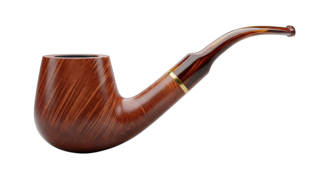 Elegant brown smoking pipe with a curved stem is displayed against a stark black background.