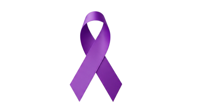 Elegant purple awareness ribbon rendered against a stark black backdrop conveys hope and support.