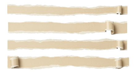 Four pieces of torn, textured craft paper with curling edges against a stark black background.