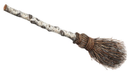 Witch broom, birch handle with bound twig bristles
