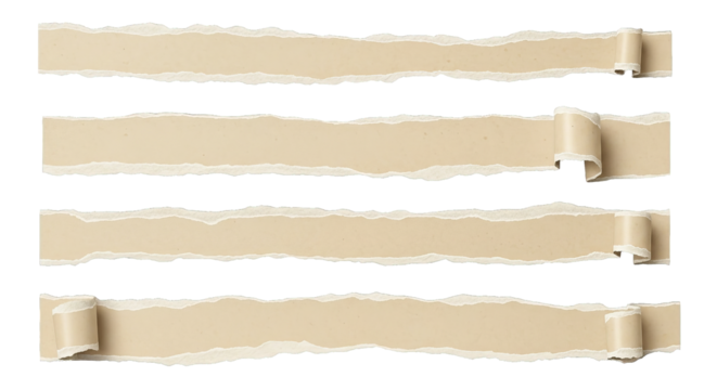 Four pieces of torn, textured craft paper with curling edges against a stark black background.