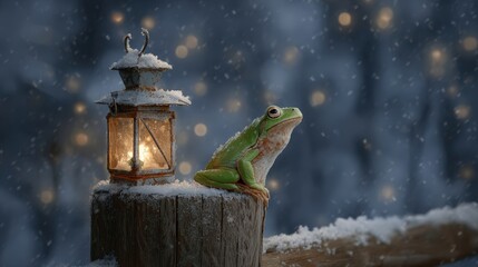 A green tree frog sits next to a glowing lantern in the winter snow. Whimsical animal scene at night with falling snowflakes. Fantasy fairytale and magical holiday concept