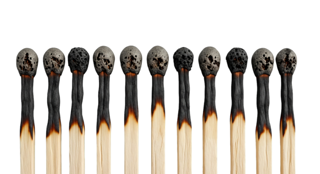 Gigapixel image featuring ten burnt matchsticks arranged in a row on a stark black background.