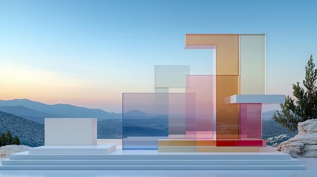 A modern abstract sculpture composed of colorful translucent glass panels and white geometric blocks is displayed on a multi-tiered white pedestal. The backgrou