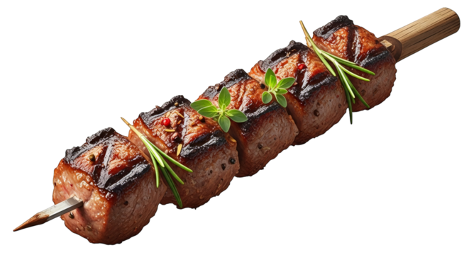 Grilled meat cubes are skewered and garnished with herbs for a visually appealing presentation.