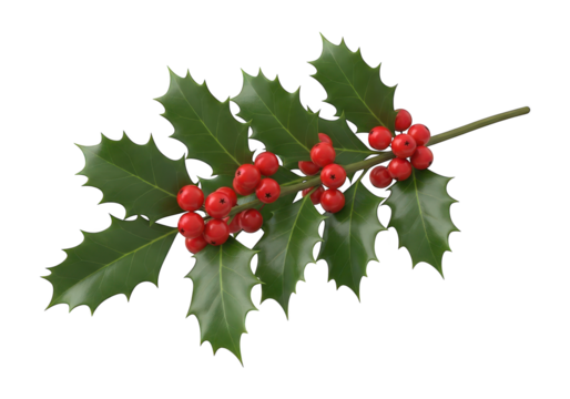 Branch featuring glossy green leaves and vibrant red berries displayed against a solid black background.