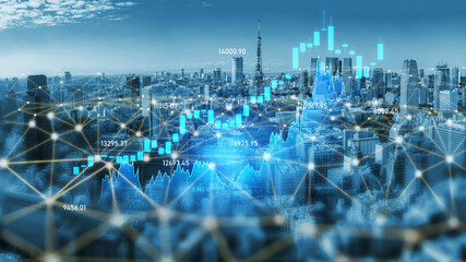 Futuristic representation of financial growth and market analysis, highlighting upward trends and data visualization over an urban cityscape in blue tones. Scalp