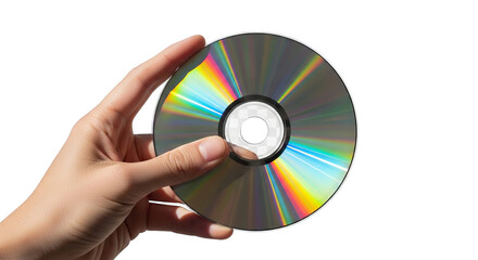 Hand holds a shiny optical disc, its surface reflecting rainbow colors against a black background.