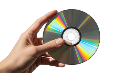 Hand holds a shiny optical disc, its surface reflecting rainbow colors against a black background.