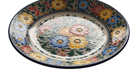 Hand-painted decorative ceramic plate with vibrant floral pattern against a dark backdrop, isolated.