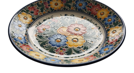 Hand-painted decorative ceramic plate with vibrant floral pattern against a dark backdrop, isolated.