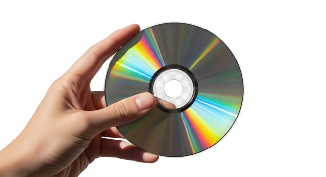 Hand holds a shiny optical disc, its surface reflecting rainbow colors against a black background.