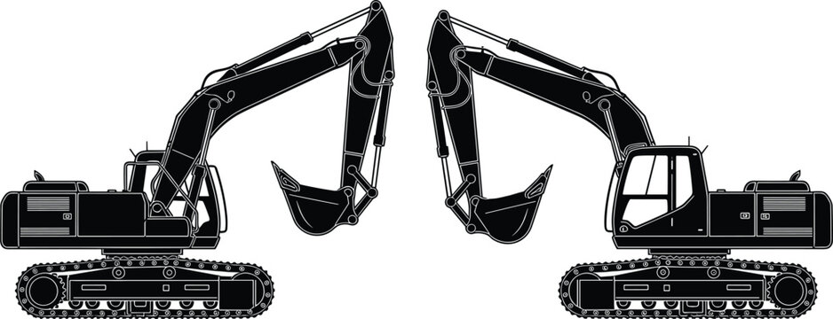 Twin heavy-duty excavator construction machinery vector silhouette, mirrored tracked digger graphic in black for earthwork, mining, and civil engineering.