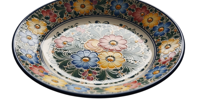 Hand-painted decorative ceramic plate with vibrant floral pattern against a dark backdrop, isolated.