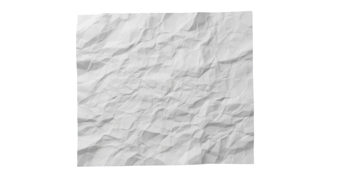 Highly detailed square of crumpled white paper against a stark black background, minimalist style