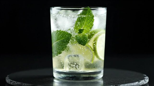 A refreshing, cool cocktail features ice cubes, mint leaves, and lime slices. Effervescent drink. Black background