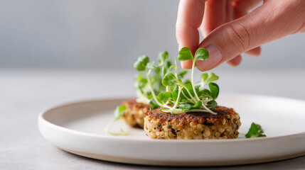 Close-up of hand garnishing quinoa patties with fresh microgreens on a white plate in a minimalist setting