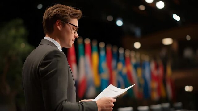 A diplomat standing in front of a row of international flags at a global summit, carefully reviewing complex briefing papers as delegates arrive &mdash; high-level foreign relations, international