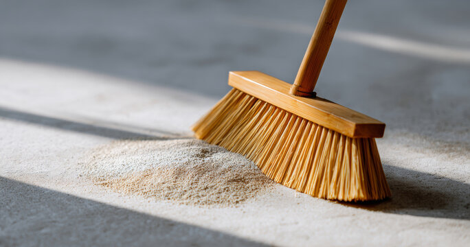 Close-up of a wooden broom sweeping dust on a concrete floor with natural light and shadows creating a clean and tidy environment