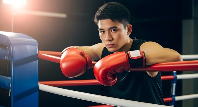 Asian boxer resting in the corner of the ring