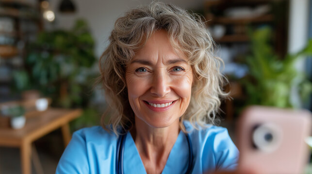 Anti-aging nurse expert live on phone app, mental health advice, minimal home studio, authentic selfie angle, with copy space