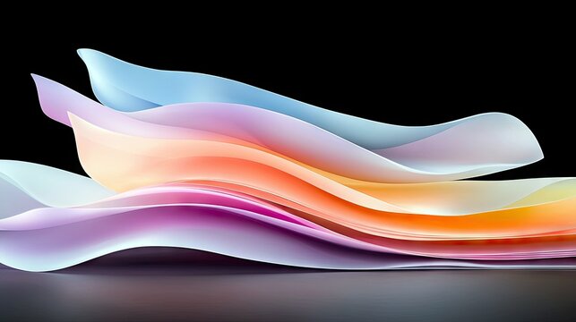 Abstract, flowing, layered paper or fabric with a smooth gradient of pastel colors, including blues, purples, pinks, oranges, and yellows, against a solid black - Powered by Adobe