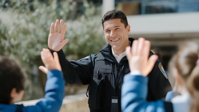A friendly school security guard greeting students at the main gate, high-fiving kids while monitoring surroundings — welcoming environment, community trust, and visible campus protection.