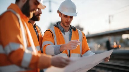 A group of railway engineers discussing blueprints beside the tracks, symbolizing teamwork, project planning, and infrastructure modernization. cinematic color correction, natural uneven lighting - Powered by Adobe