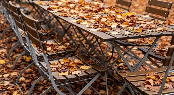 An empty outdoor cafe table and chairs are covered with colorful fallen leaves, symbolizing the end of the season and the quiet beauty of a deserted autumn park setting