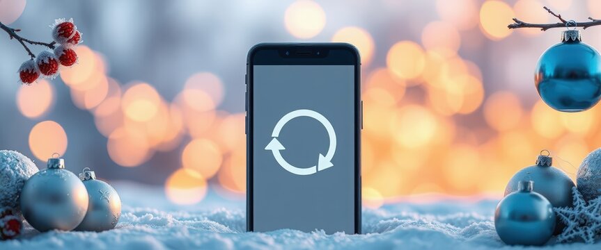 Smartphone with an update icon on the screen in a snowy winter scene. Festive Christmas background with ornaments and bokeh lights. Holiday technology and software upgrade concept