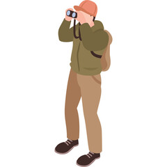 Person Wearing A Green Jacket And Brown Pants Holding Binoculars To Look Through With A Backpack On A Transparent Background