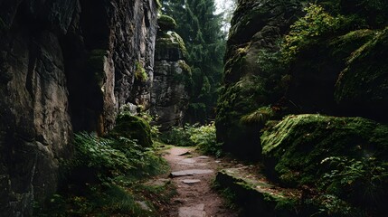 Fototapeta premium A narrow hiking trail winding through a dark and moody moss covered rock canyon.