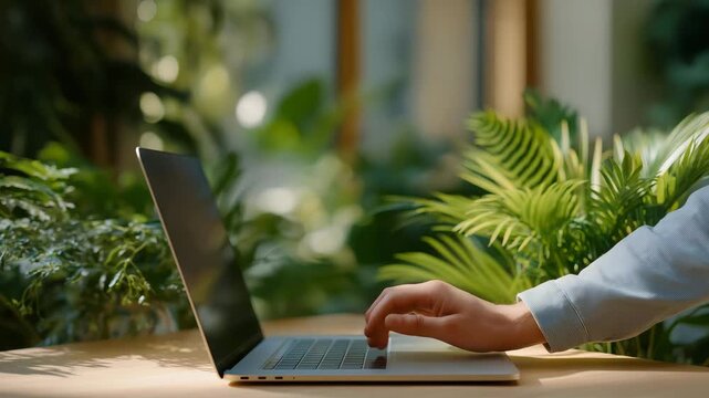 A hand placing a laptop onto a coworking desk setup with plants and natural light &mdash; remote work culture, creative freelance lifestyle, digital nomad productivity, and modern business environment.