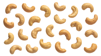Assortment Of Cashew Nuts Scattered On White Background Keywords: cashews, cashew nuts, snack isolated on a transparent background