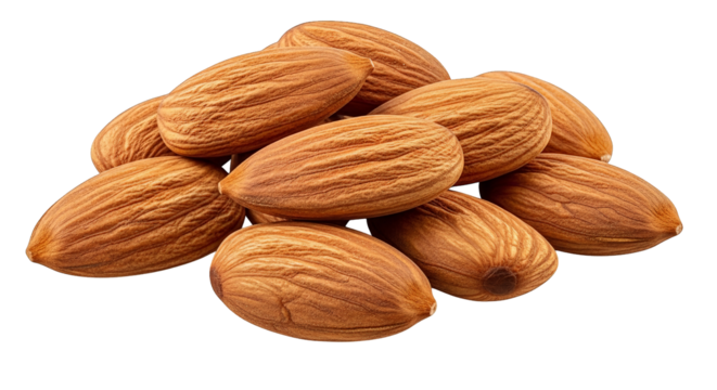 Pile of raw almonds exhibits varied textures and natural brown tones on dark black background space.