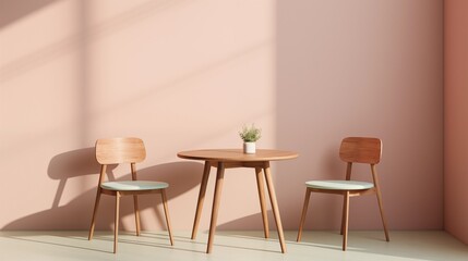 Minimalist caf&eacute; interior featuring modern wooden chairs and a small round table illuminated by soft natural light for use in design, lifestyle, and hospitality concepts.