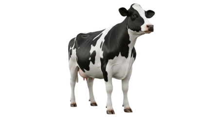Realistic full body rendering of a black and white dairy cow standing calmly on a black backdrop.