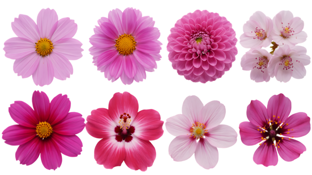 Assortment of Pink and Purple Flowers on White Background Keywords: flowers, pink, purple isolated on a transparent background