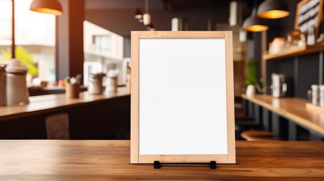 Blank wooden-framed standing menu board placed on a café counter offering space for promotional messages, branding mockups, and restaurant announcements.