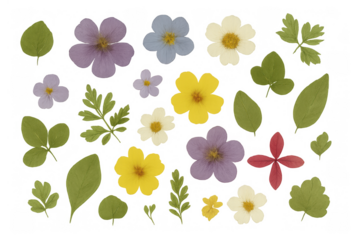 Dried pressed flowers and green leaves creating a botanical herbarium collection on a transparent background