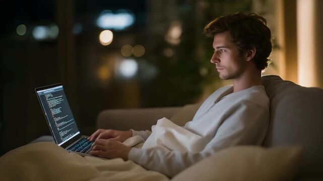 A remote coder working at night with soft LED lights, watching code stream through a build pipeline on a laptop &mdash; authentic software workflow, continuous integration process, and modern remote tech