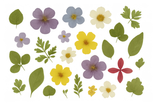 Dried pressed flowers and green leaves creating a botanical herbarium collection on a transparent background - Powered by Adobe