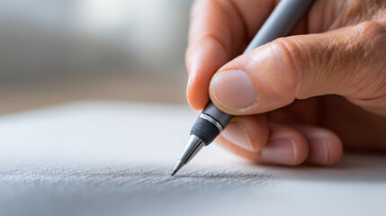 Close-up of hand holding pen and writing on textured paper surface with shallow depth of field and soft natural lighting