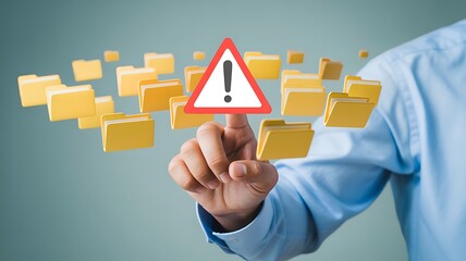 Hand Touching Warning Sign Over Floating Digital Folders Keywords: warning, sign, alert, danger